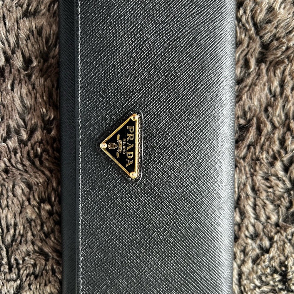 Prada Black Saffiano Leather Long Wallet with Gold Triangle Emblem